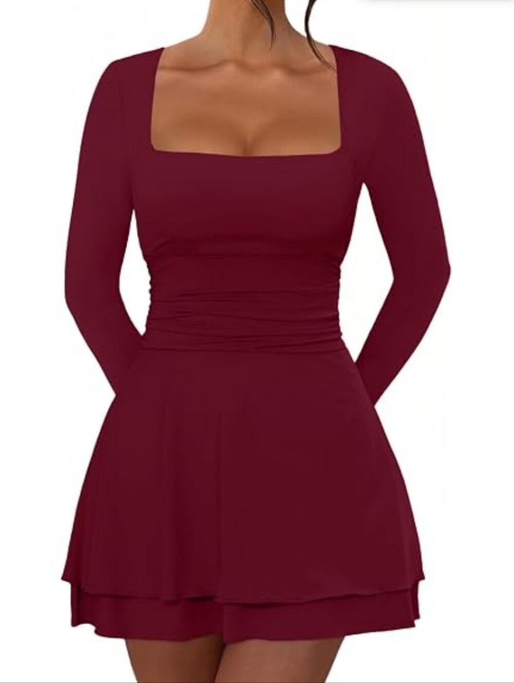 Long Sleeve Square Neck Burgundy Women’s Dress